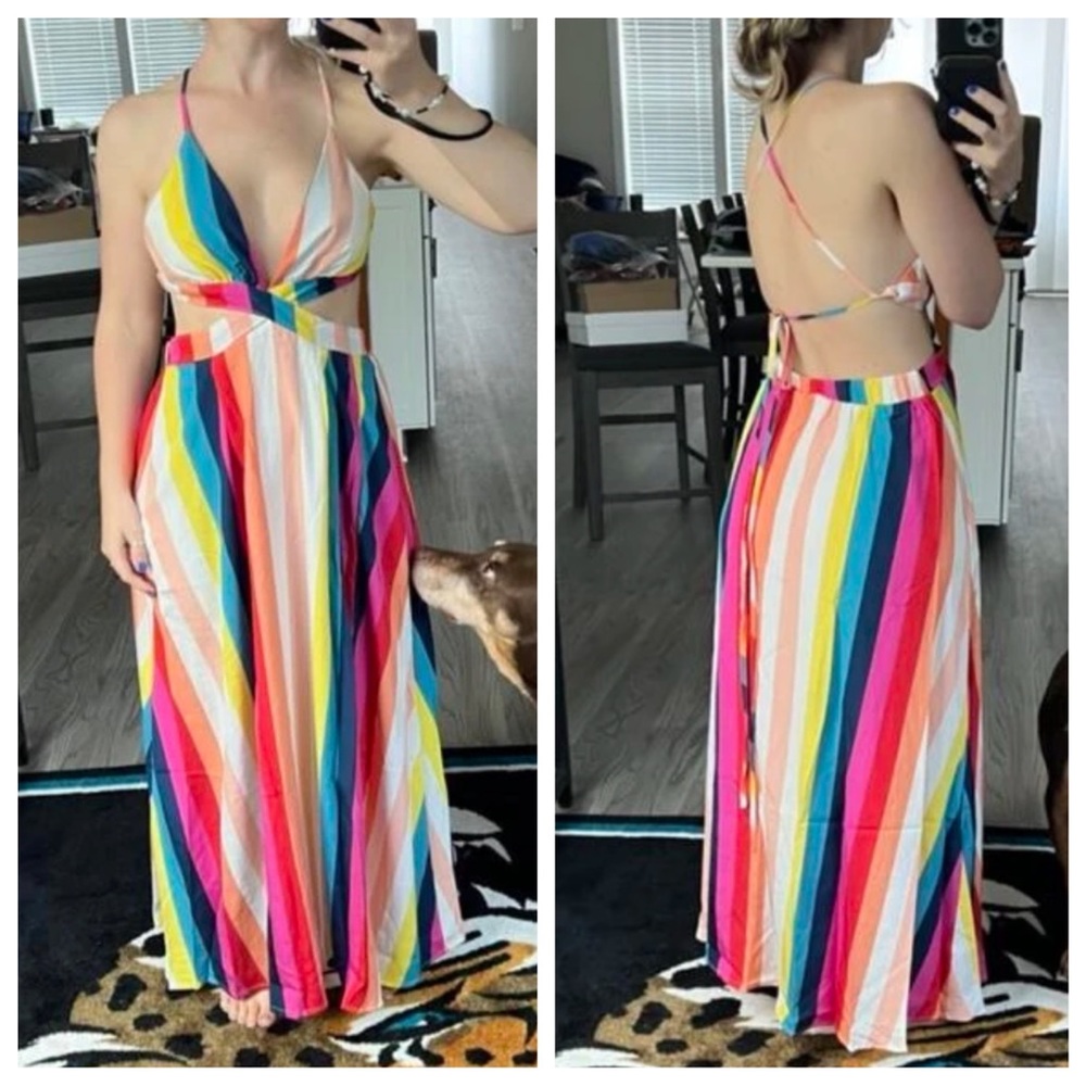 Boho multicolor Stripes Lace up Back Maxi Dress - Picture 7 of 7